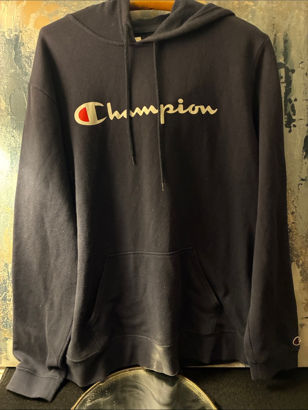 Champion Men's Navy Hoodie with Script Logo and Red Accent Size L